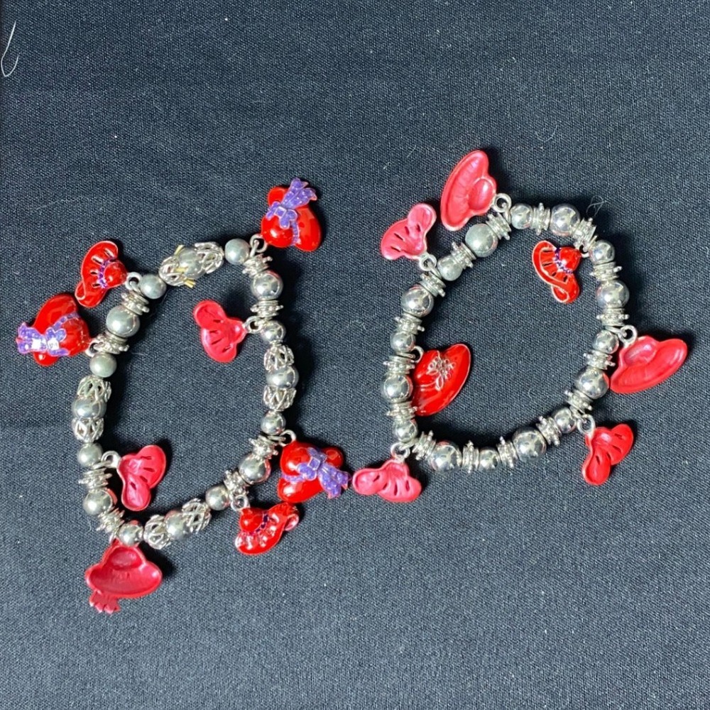 Womens Red‎ Heart Charm Bracelets Set Silver Tone Beaded Jewelry Accessory